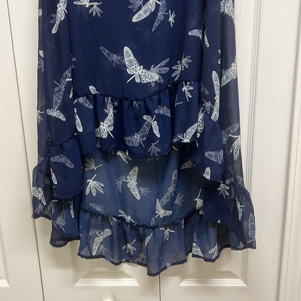 Torrid Navy Sheer High Low Dress w/ White Dragonfly Print and Ruffle Hem Size 2 - Picture 2 of 5